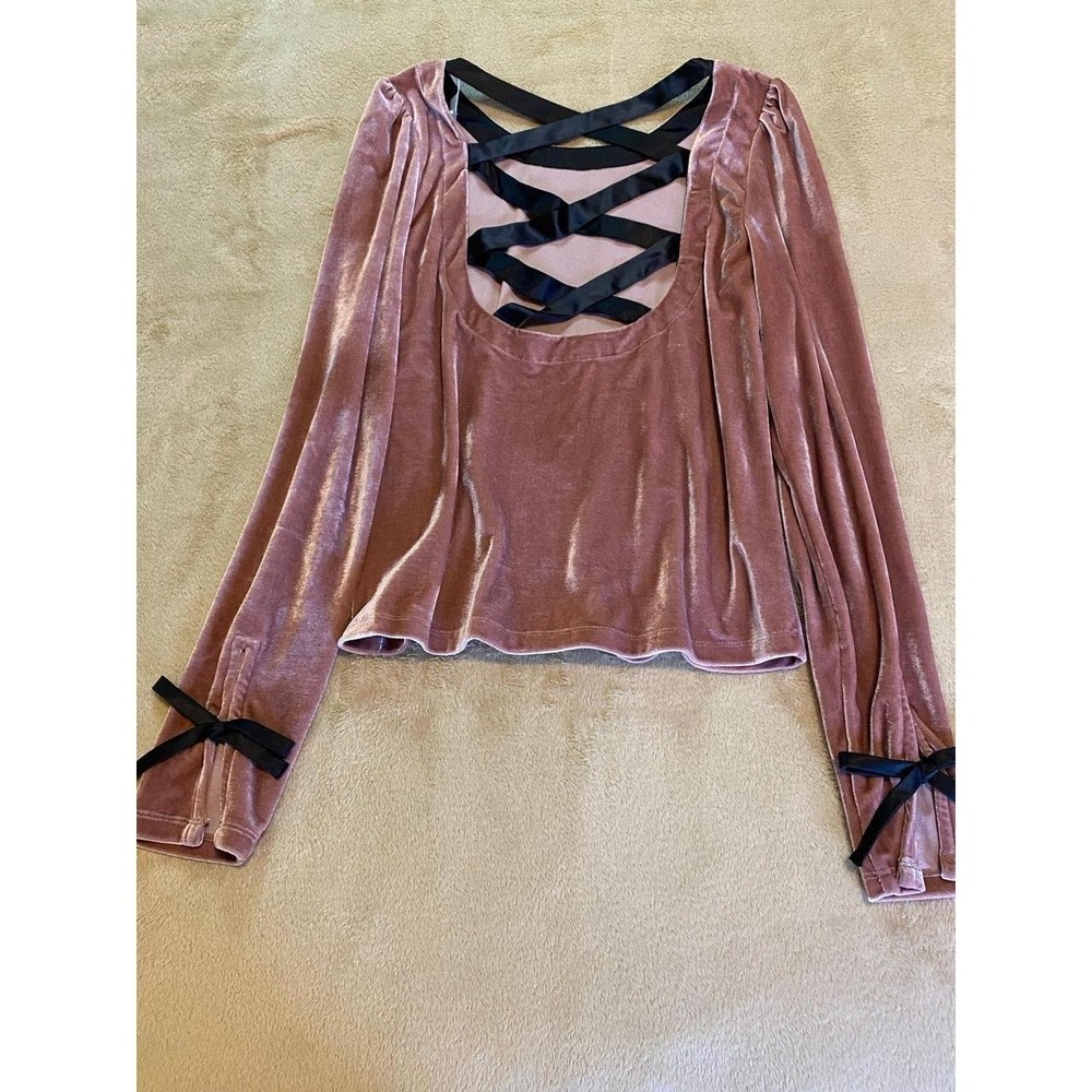 Anthropologie Top Open Back Velvet Rose Taupe Medium Shirt Blouse Festival sku56